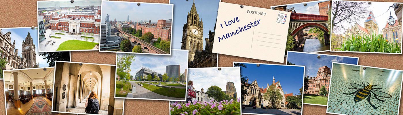 Notice board covered in postcards depicting views of the campus and the city.