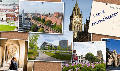 Notice board covered in postcards depicting views of the campus and the city.