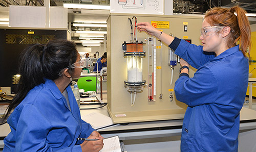 Two female students in the lab in the James Chadwick Building